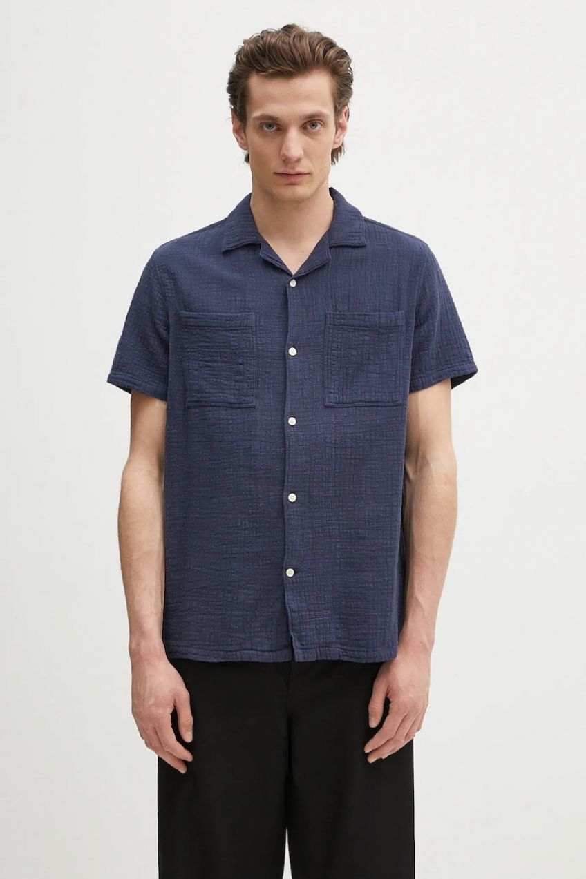 Bavlnená košeľa Barbour Barbour Benson Textured Relaxed Fit S/S Shirt tmavomodrá farba, voľný strih, MSH5613
