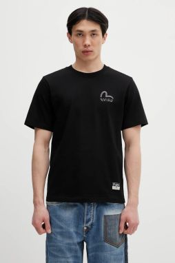 Bavlnené tričko Evisu Logo EMB SS pánske, čierna farba, s nášivkou, 2ESHTM5TS1137