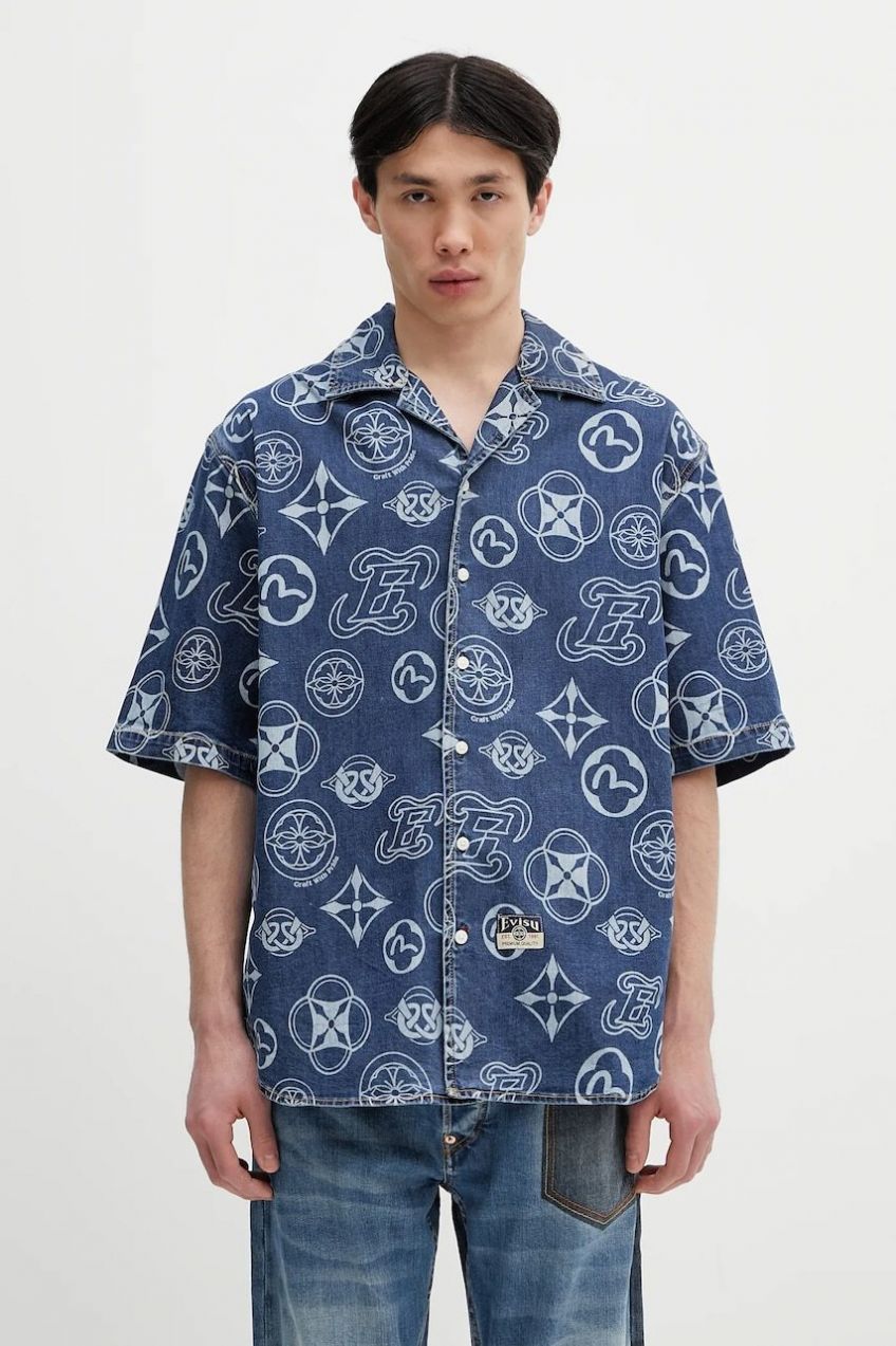 Rifľová košeľa Evisu Monogram AOP Denim SS voľný strih, s klasickým golierom, 2ESHTM5DI1147