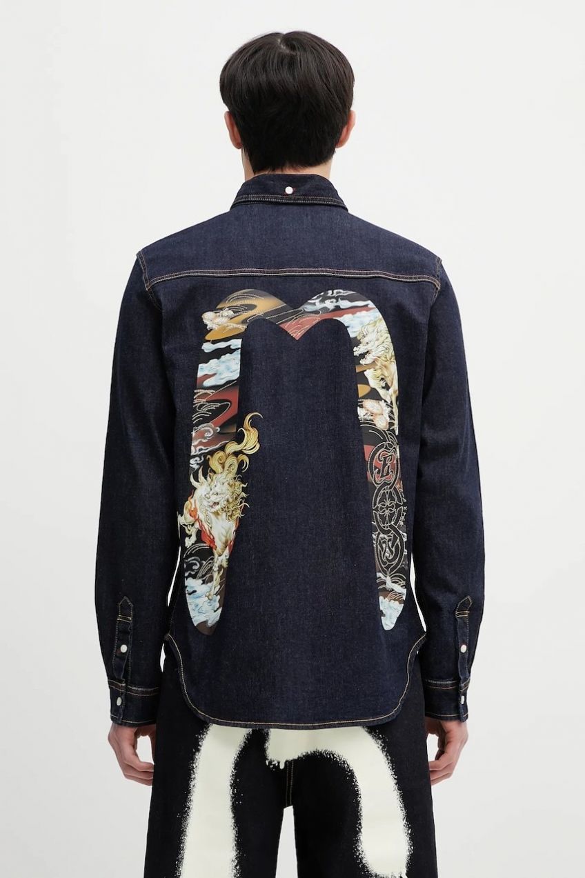 Rifľová košeľa Evisu Hakutaku Daicock Printed Denim LS tmavomodrá farba, regular, s klasickým golierom, 2ESHTM5DL1146