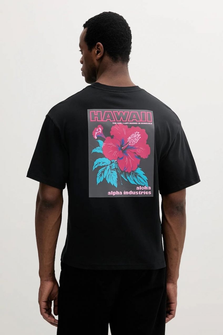 Bavlnené tričko Alpha Industries Aloha Flower T BP pánske, čierna farba, s potlačou, 156523