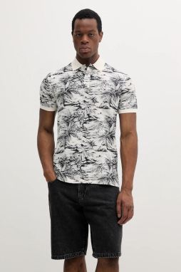 Polo tričko s prímesou ľanu Tommy Hilfiger béžová farba, vzorované, MW0MW38475