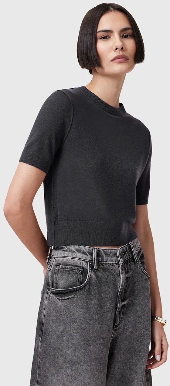 Vlnená blúzka AllSaints ELSIE čierna farba, jednofarebná, W068KC
