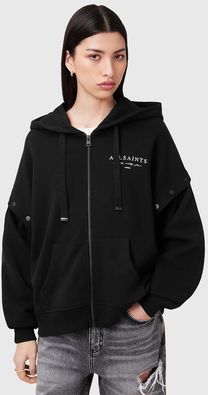 Bavlnená mikina AllSaints AROMA čierna farba, s kapucňou, s potlačou, W134JC