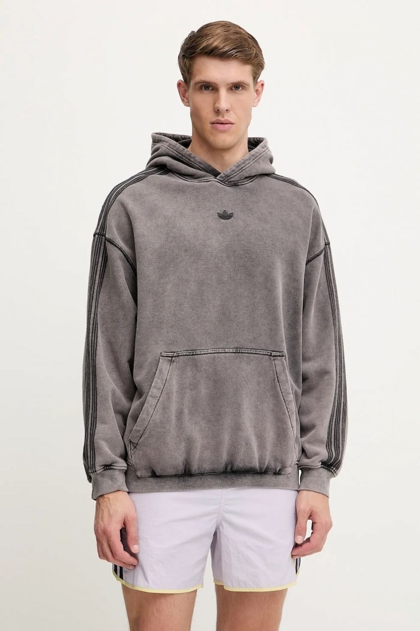 Bavlnená mikina adidas Originals Essential šedá farba, s kapucňou, jednofarebná, JD0245