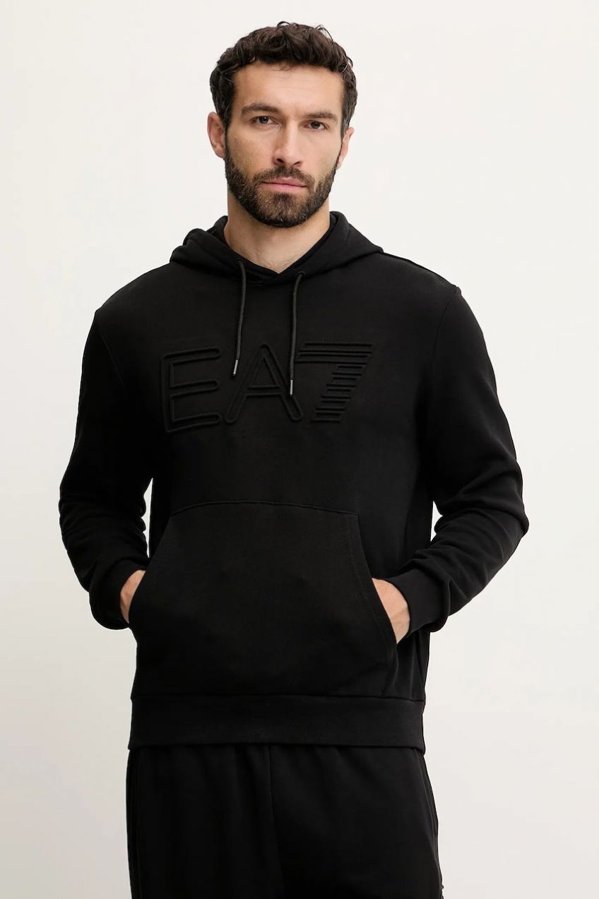 Mikina EA7 Emporio Armani čierna farba, s kapucňou, jednofarebná, AF10432.7M000152