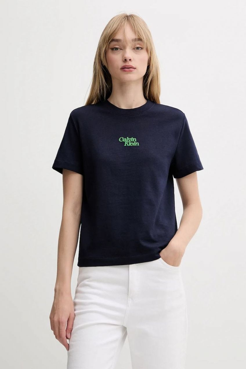 Bavlnené tričko Calvin Klein Jeans dámske, tmavomodrá farba, LV047B851G