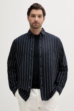 Košeľa s prímesou ľanu BOSS Orange tmavomodrá farba, voľný strih, s golierom button-down, 50538296