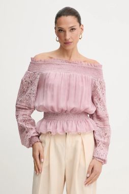 Blúzka s prímesou hodvábu Guess AUDREY ružová farba, vzorovaná, W5GH0S WE550