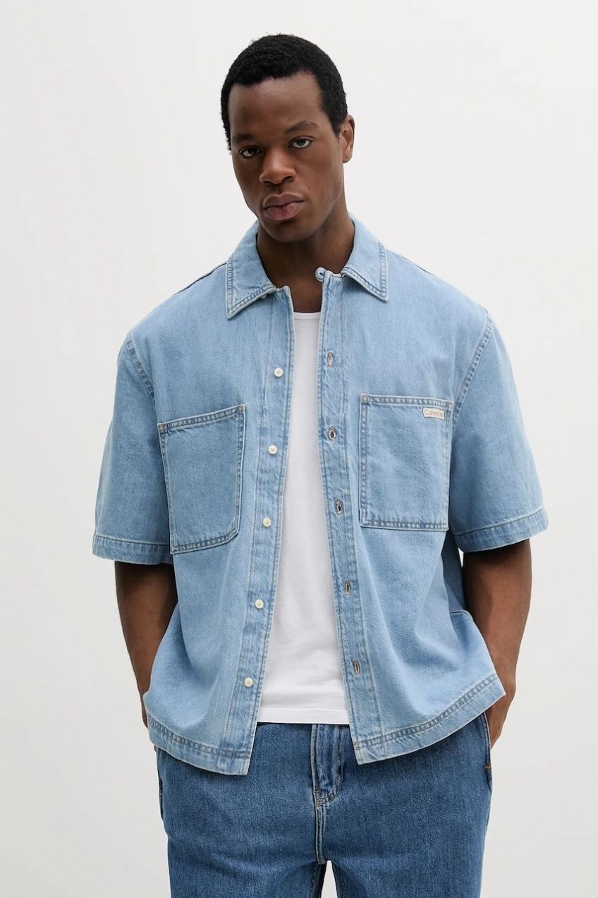 Rifľová košeľa Calvin Klein Jeans voľný strih, s klasickým golierom, J30J327512