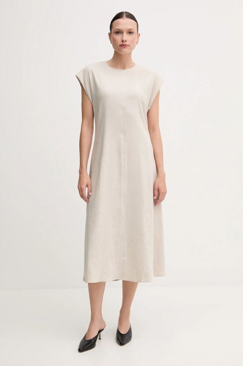 Ľanové šaty Calvin Klein béžová farba, midi, rovný strih, LV044B041G