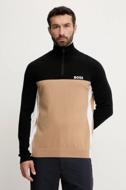 Sveter BOSS Green hnedá farba, ľahké, s polorolákom, 50528740