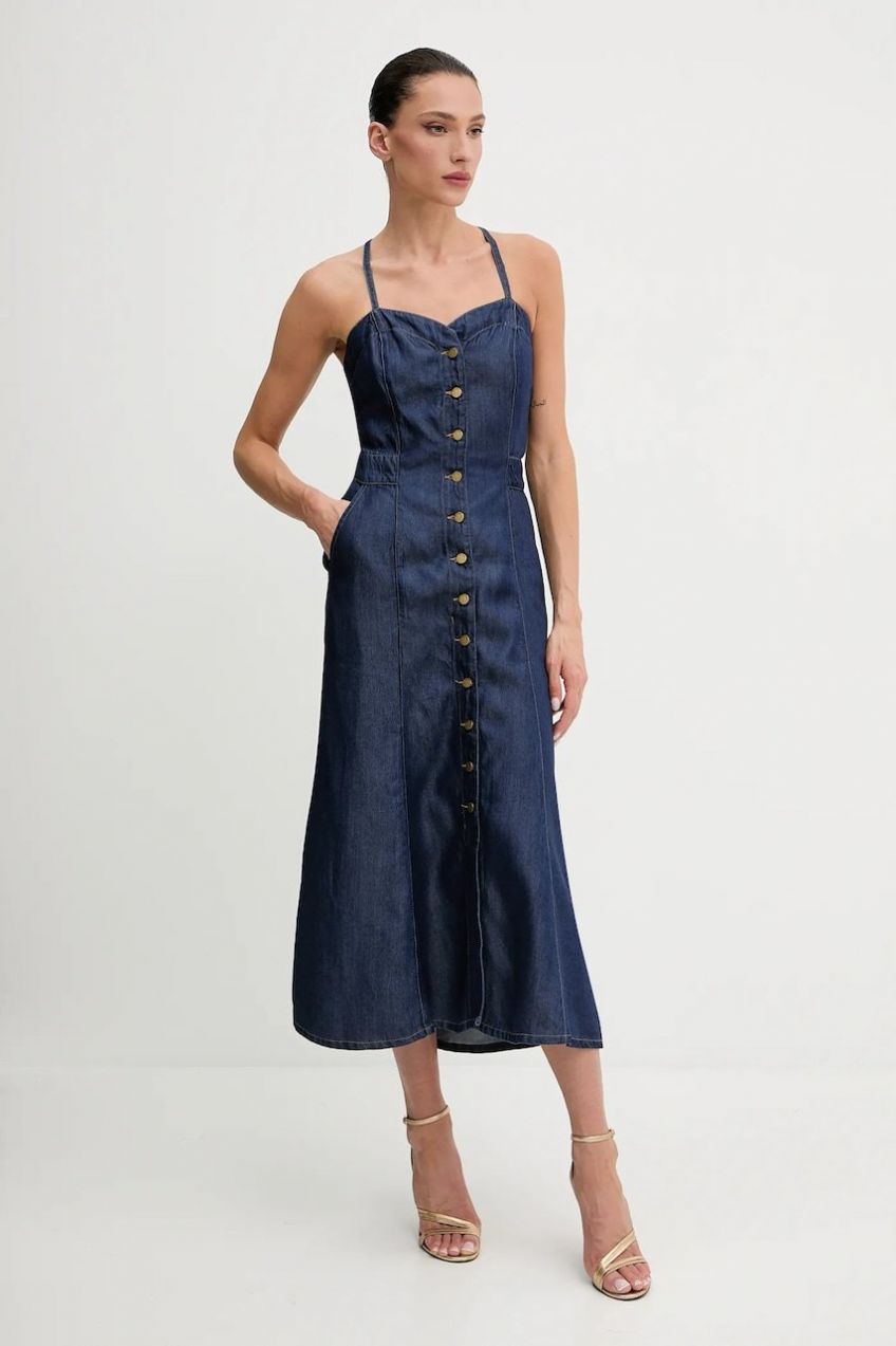 Rifľové šaty Guess EDNA tmavomodrá farba, midi, áčkový strih, W5GK43 D5N61