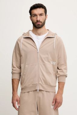 Bavlnená mikina EA7 Emporio Armani béžová farba, s kapucňou, jednofarebná, AF12681.7M000203