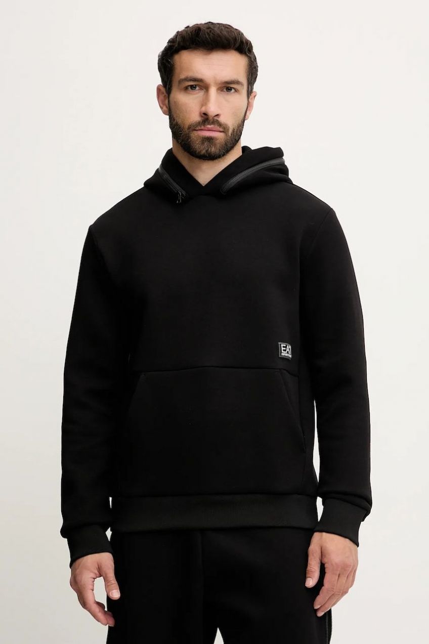 Mikina EA7 Emporio Armani čierna farba, s kapucňou, s nášivkou, AF13538.7M000141