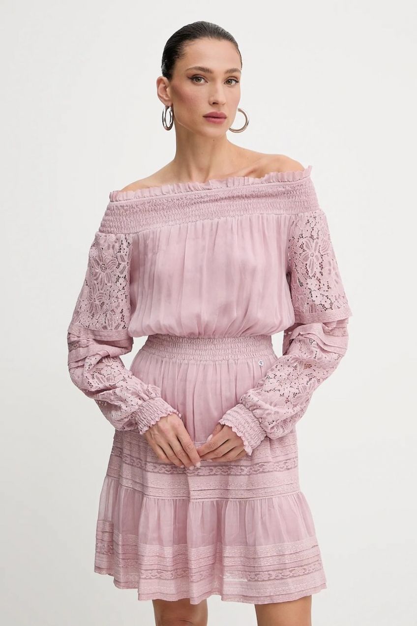 Bavlnené šaty Guess AUDREY ružová farba, mini, áčkový strih, W5GK24 WE550