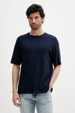Ľanové tričko United Colors of Benetton tmavomodrá farba, jednofarebné, 3UTFU10A5