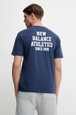 Bavlnené tričko New Balance pánske, tmavomodrá farba, s potlačou, MT51526NNY