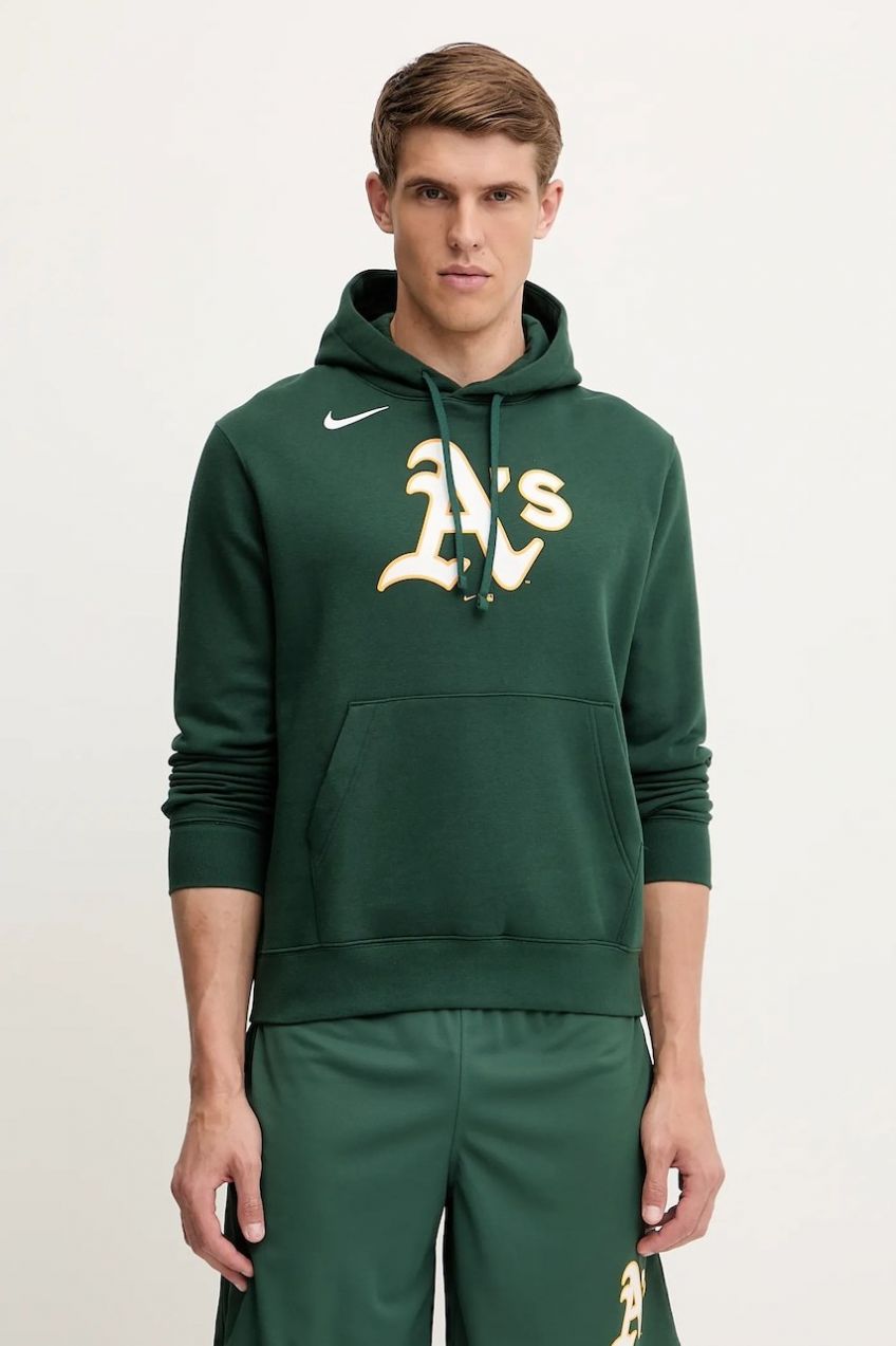 Mikina Nike Oakland Athletics zelená farba, s kapucňou, s potlačou, NKDK-3EY-FZ-CKX