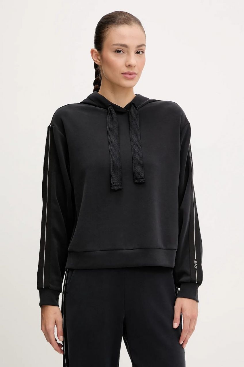 Mikina EA7 Emporio Armani čierna farba, s kapucňou, s nášivkou, AF12643.7W000172