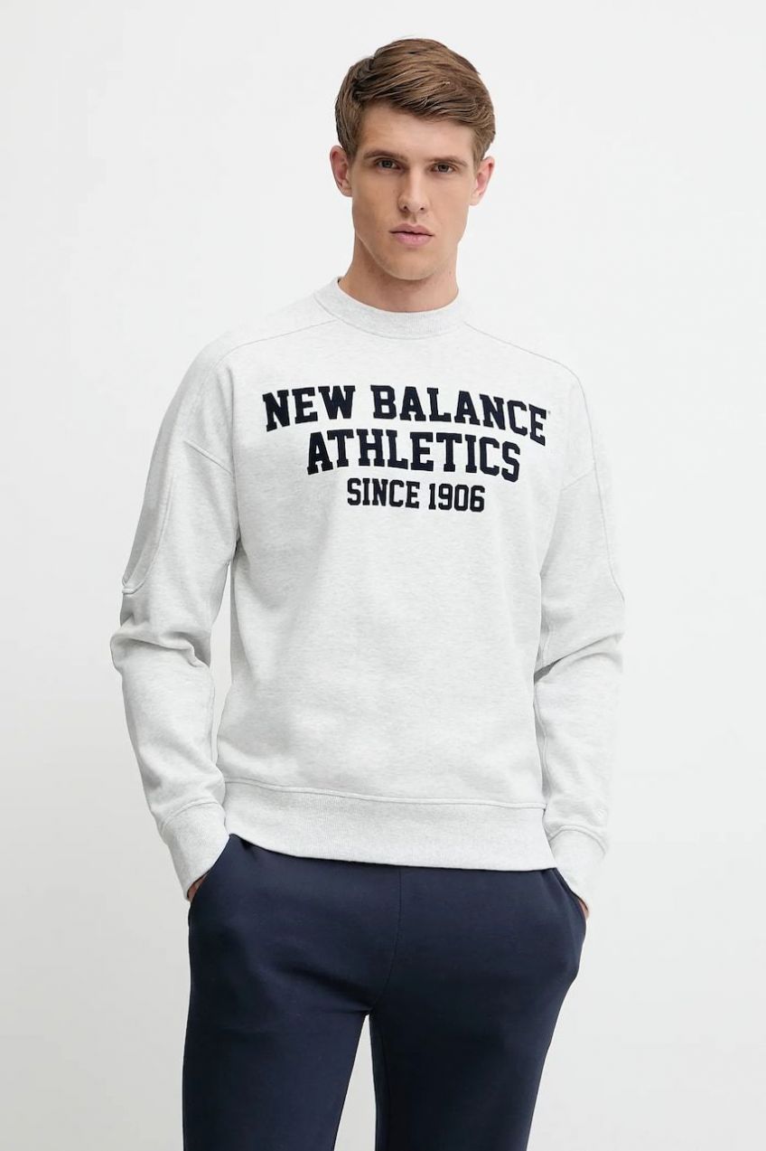 Bavlnená mikina New Balance šedá farba, s nášivkou, MT51521AHH