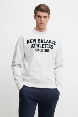 Bavlnená mikina New Balance šedá farba, s nášivkou, MT51521AHH