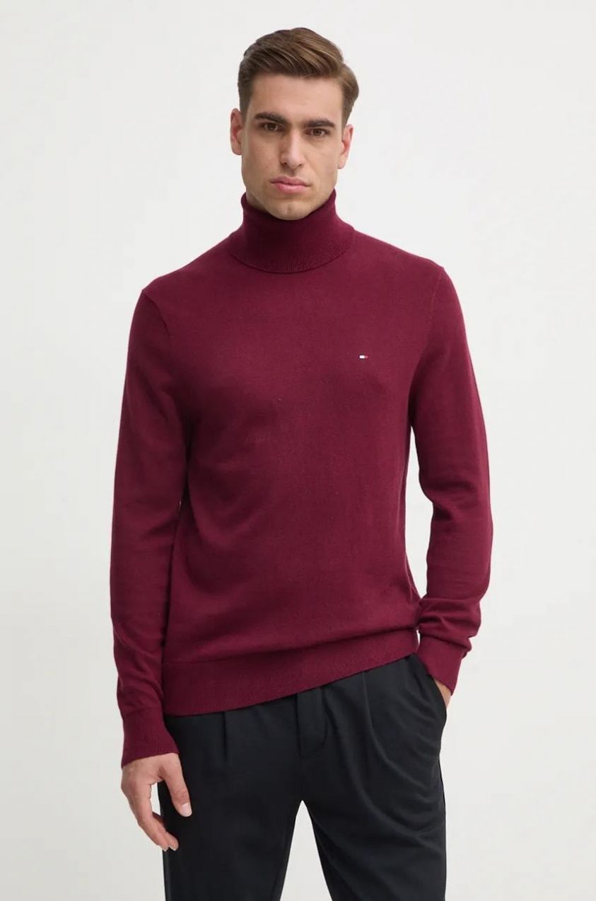 Sveter s prímesou kašmíru Tommy Hilfiger bordová farba, tenký, s rolákom
