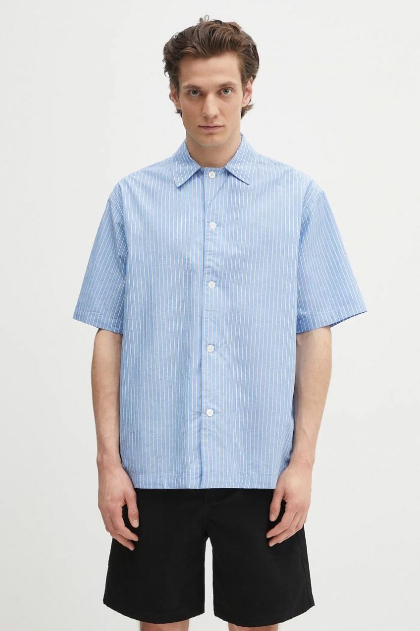 Bavlnená košeľa Norse Projects Mads Poplin Stripe SS voľný strih, s klasickým golierom, N40.0831.7000