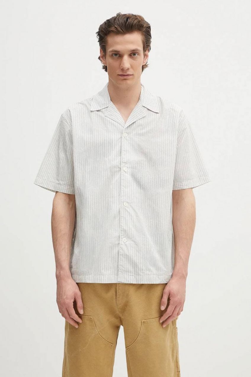Bavlnená košeľa Norse Projects Mads Poplin Stripe SS biela farba, voľný strih, s klasickým golierom, N40.0831.0957