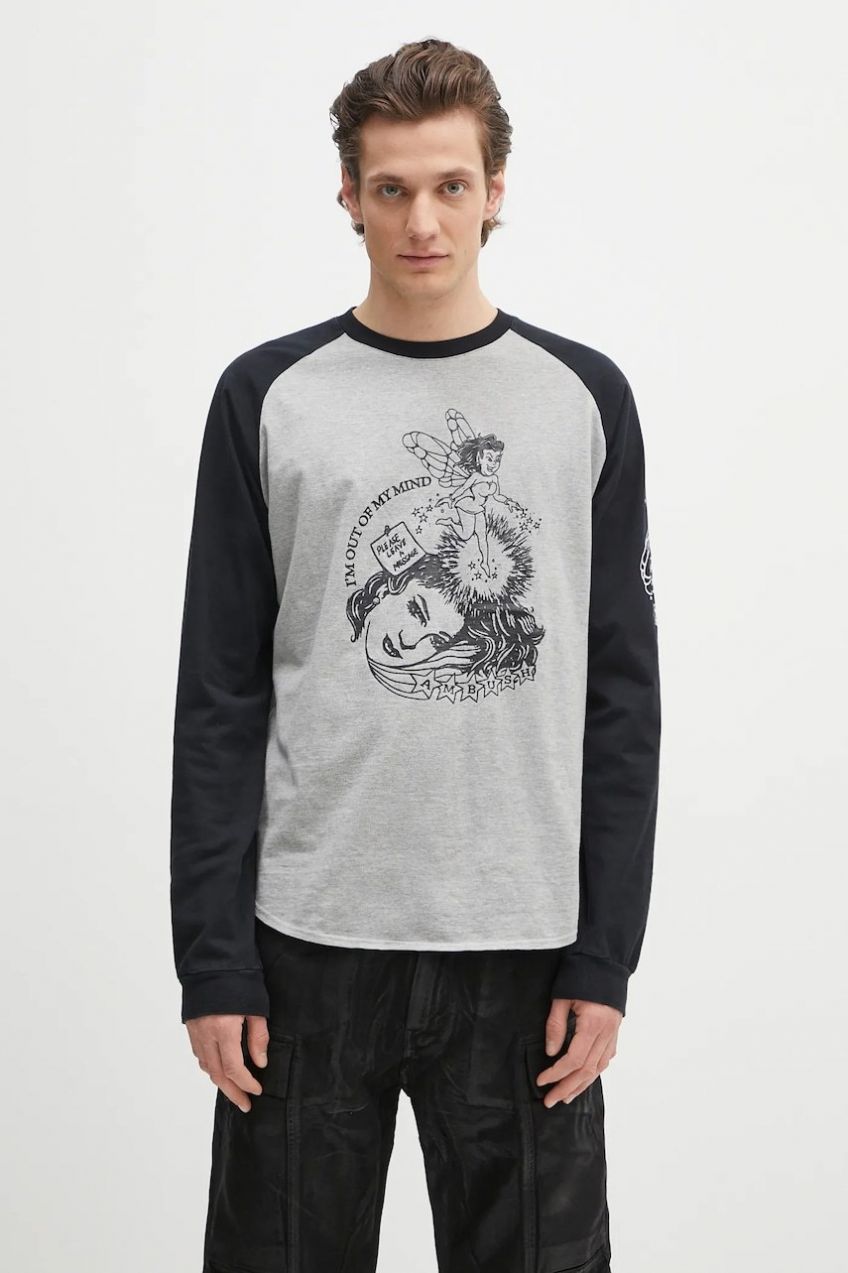 Bavlnené tričko s dlhým rukávom AMBUSH Raglan L/S T-Shirt šedá farba, s potlačou, 12115325