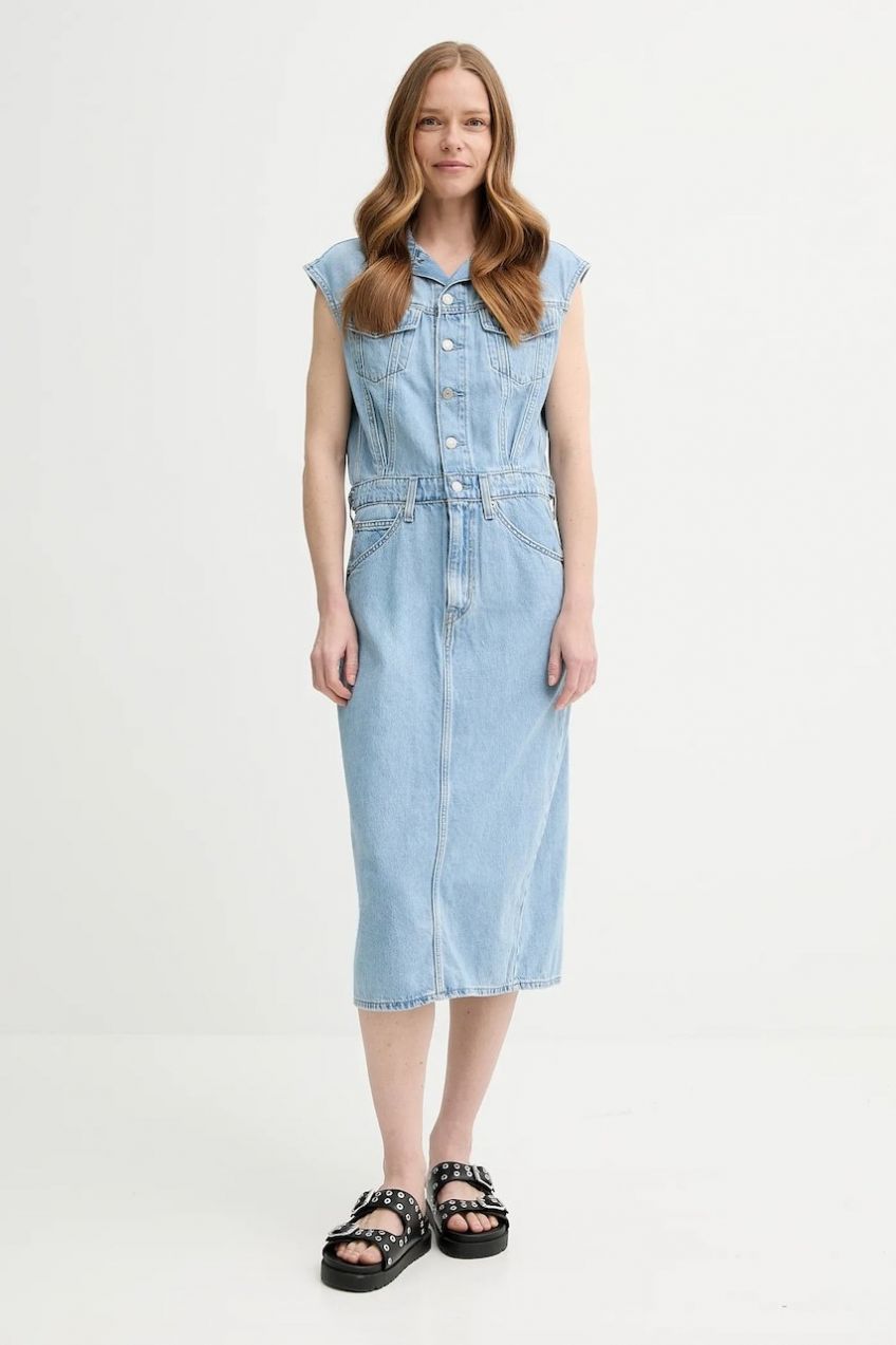 Rifľové šaty Levi's ICONIC SLEEVELESS DRESS midi, rovný strih, 001WF
