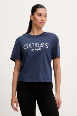 Bavlnené tričko Guess CLEMATIS dámske, tmavomodrá farba, V5GI09 K9RM1