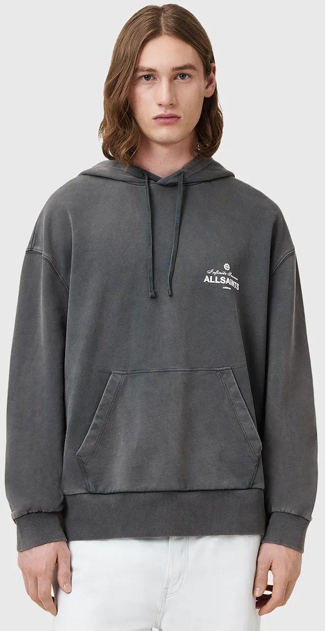 Bavlnená mikina AllSaints SOLEIL šedá farba, s kapucňou, s potlačou, M016NC