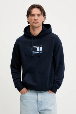 Bavlnená mikina Tommy Jeans tmavomodrá farba, s kapucňou, s nášivkou, DM0DM21623