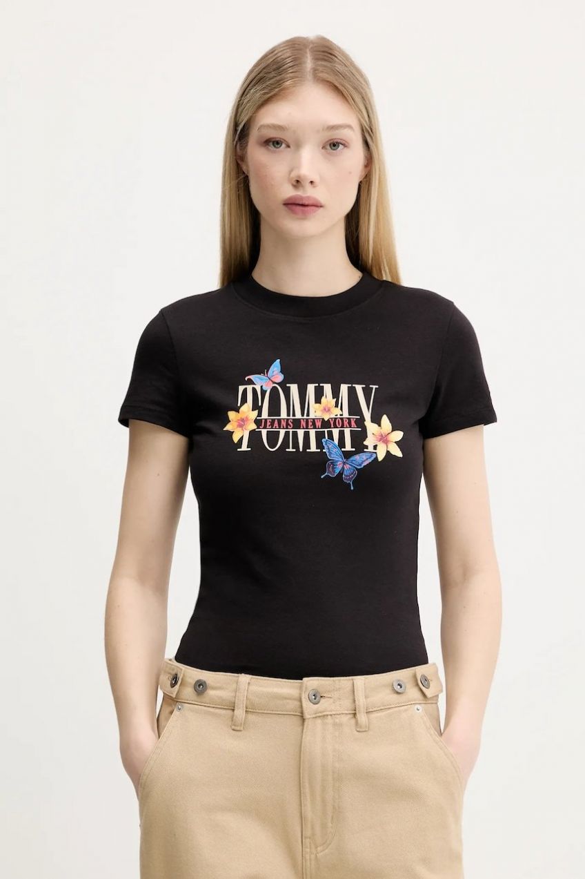 Bavlnené tričko Tommy Jeans dámske, čierna farba, DW0DW21340