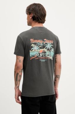 Bavlnené tričko Tommy Jeans pánske, šedá farba, s potlačou, DM0DM21866