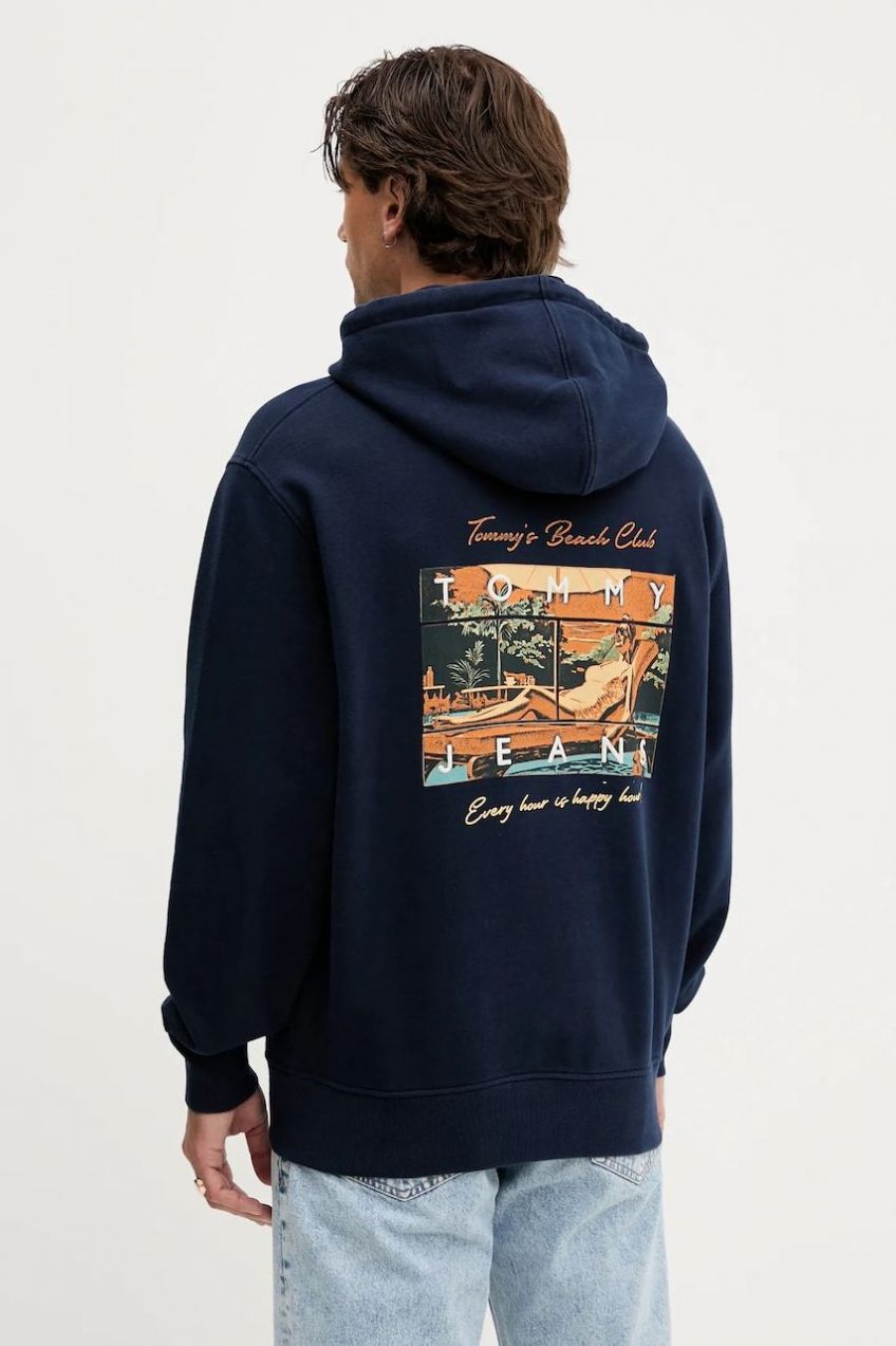 Bavlnená mikina Tommy Jeans tmavomodrá farba, s kapucňou, s potlačou, DM0DM21373
