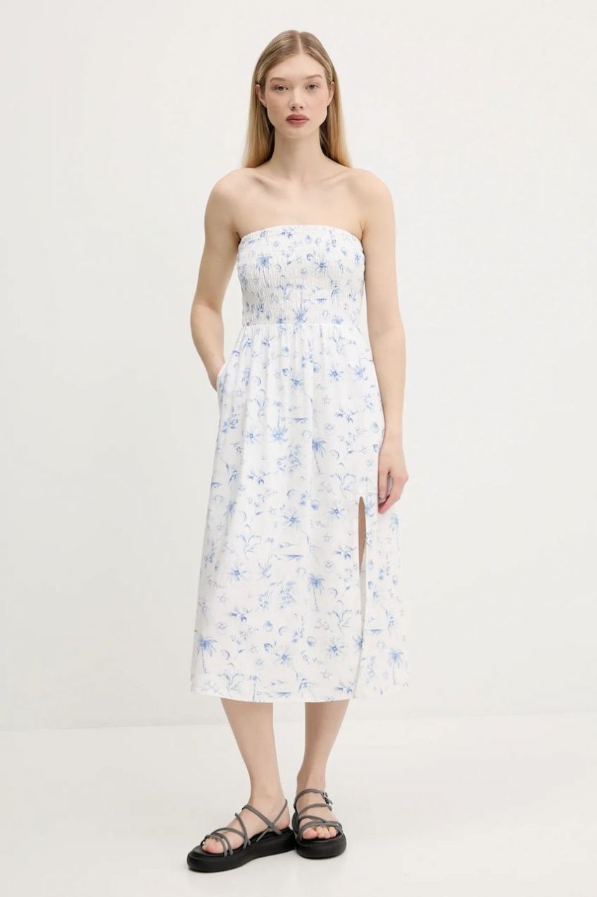 Ľanové šaty Hollister Co. béžová farba, midi, rovný strih, KI359-1209