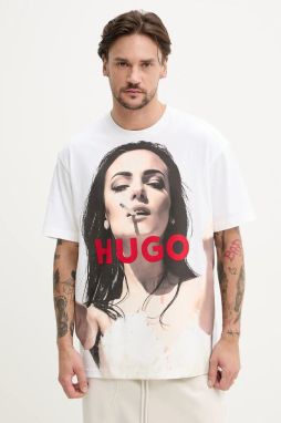 Bavlnené tričko HUGO pánske, biela farba, s potlačou, 50535314