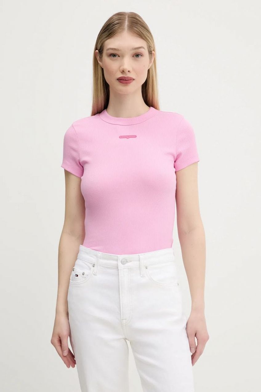 Tričko Tommy Jeans dámske, ružová farba, DW0DW21402