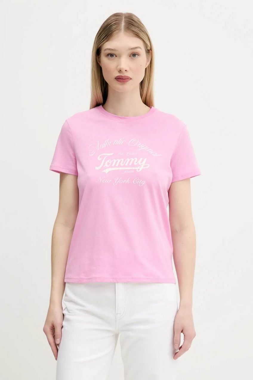 Tričko Tommy Jeans dámske, ružová farba, DW0DW21404