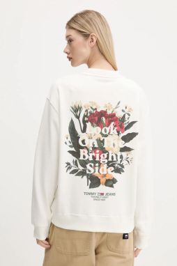 Bavlnená mikina Tommy Jeans béžová farba, s potlačou, DW0DW21368