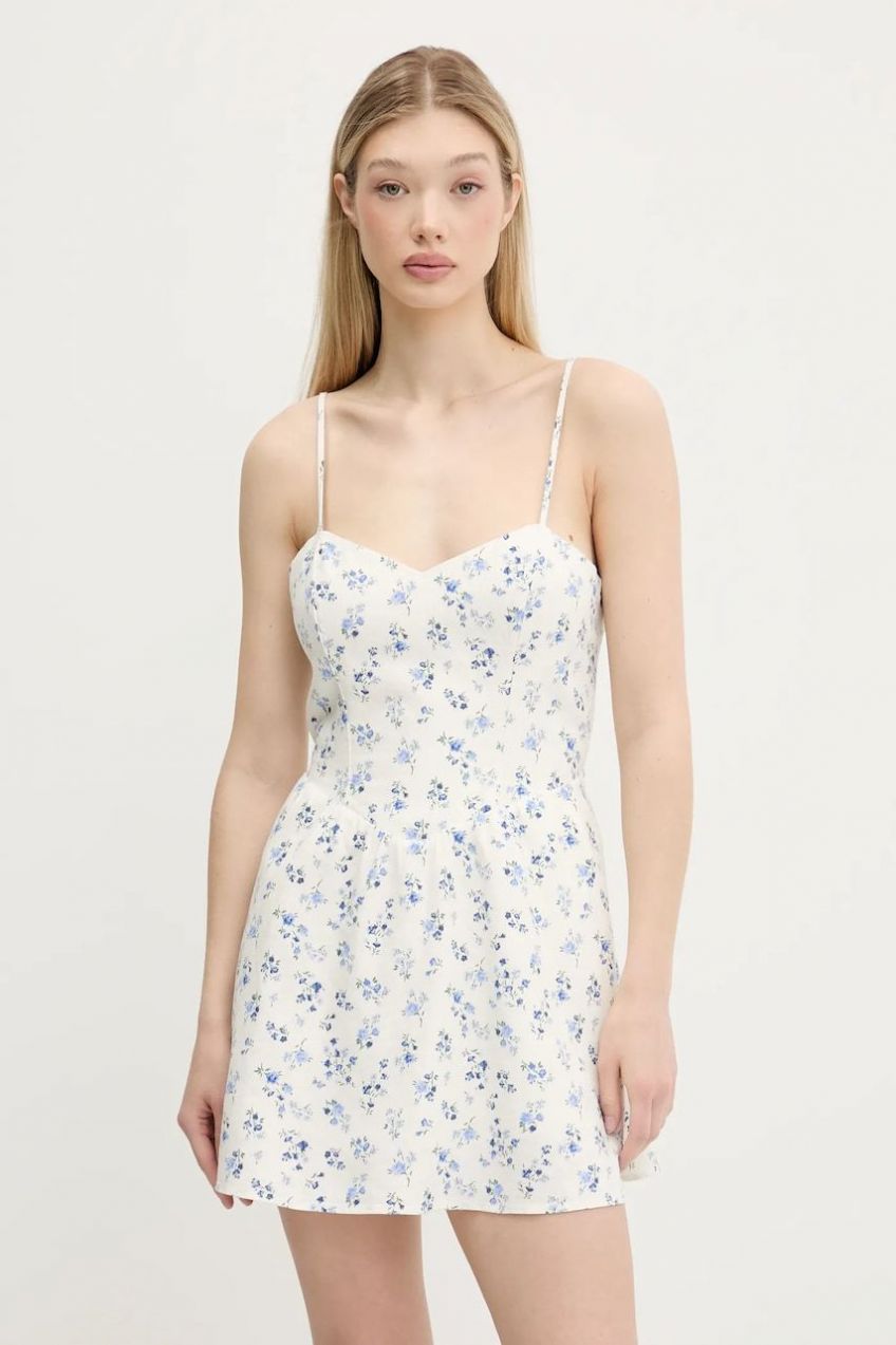 Ľanové šaty Hollister Co. béžová farba, mini, áčkový strih, KI359-5240