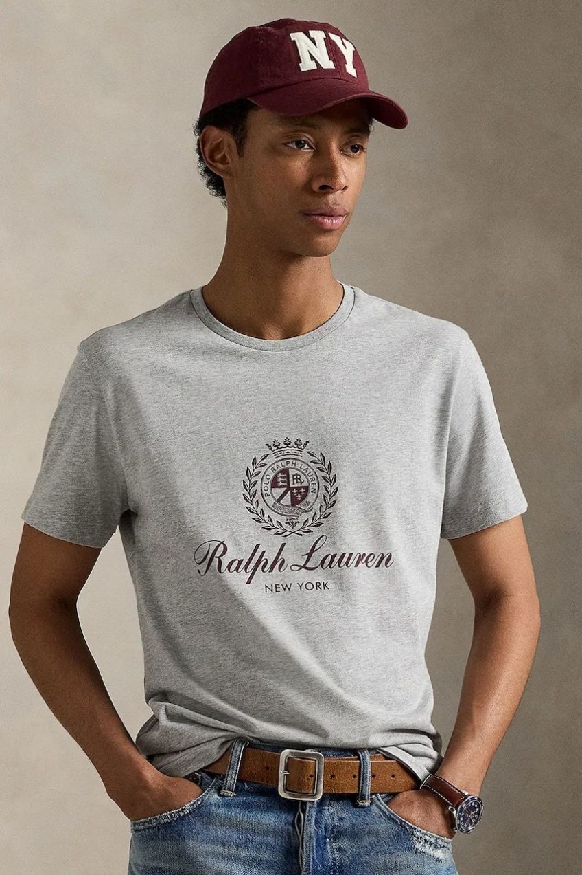 Bavlnené tričko Polo Ralph Lauren pánske, šedá farba, s potlačou, 710978032