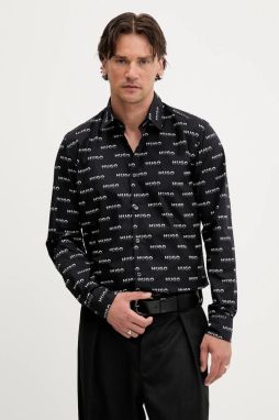 Bavlnená košeľa HUGO čierna farba, slim, s klasickým golierom, 50545349