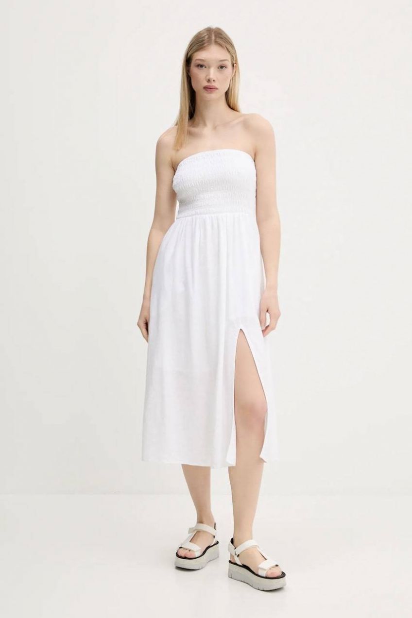 Ľanové šaty Hollister Co. biela farba, midi, áčkový strih, KI359-1209