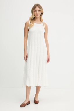 Bavlnené šaty Pepe Jeans béžová farba, midi, áčkový strih, PL953755