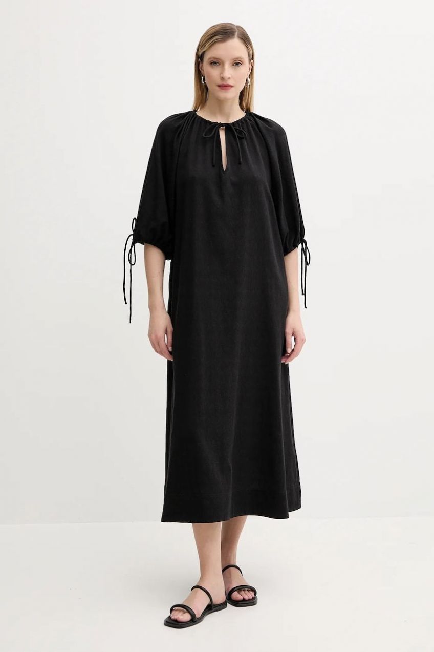Bavlnené šaty Samsoe Samsoe SALAGO čierna farba, midi, oversize, F25200072