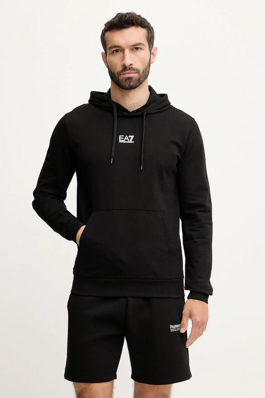 Bavlnená mikina EA7 Emporio Armani čierna farba, s kapucňou, s potlačou, 8NPM32.PJVRZ