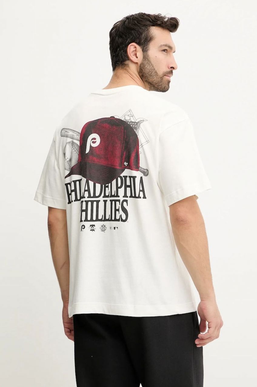 Bavlnené tričko 47 brand MLB Philadelphia Phillies pánske, béžová farba, s potlačou, BB019TMQMLK646078SS